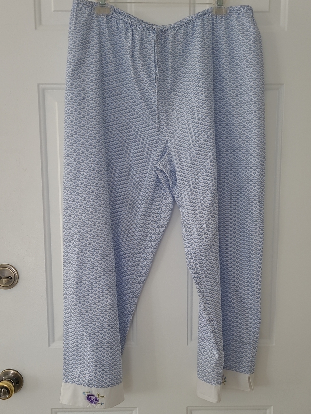 Cruz 100% Cotton Light Blue Patterned Pajama Pants with Embroidered Cuffs